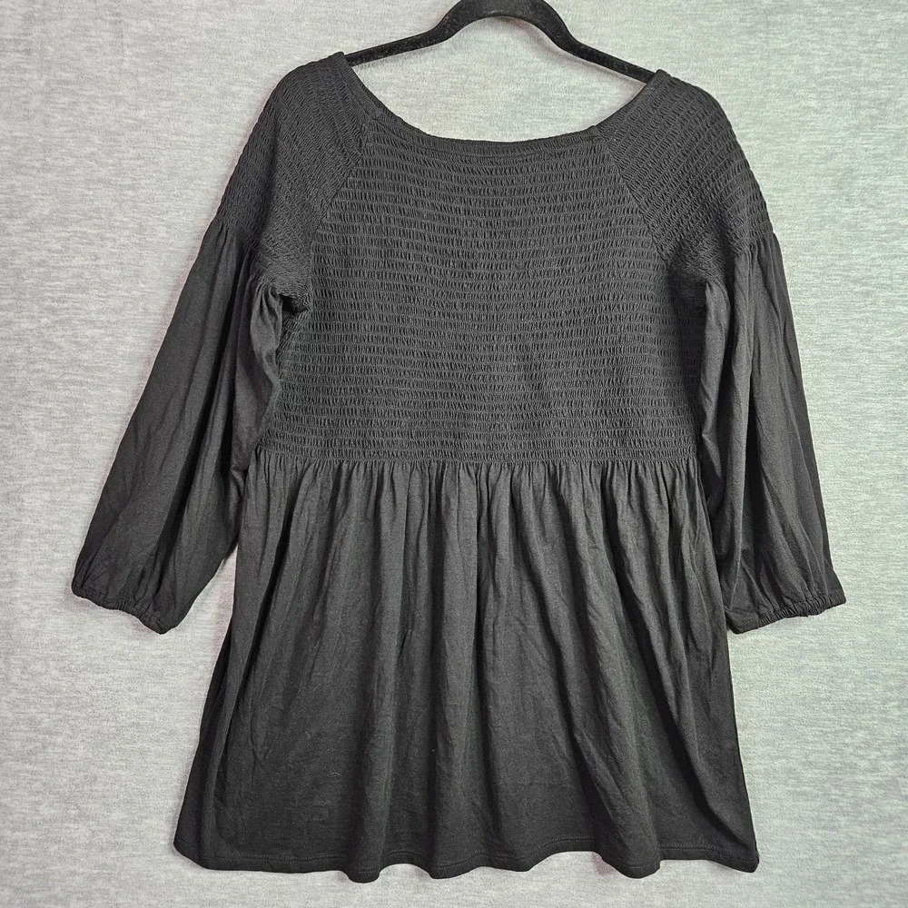 J Jill Womens Tunic Top M Black Smocked Peasant Boho 3/4 Sleeve